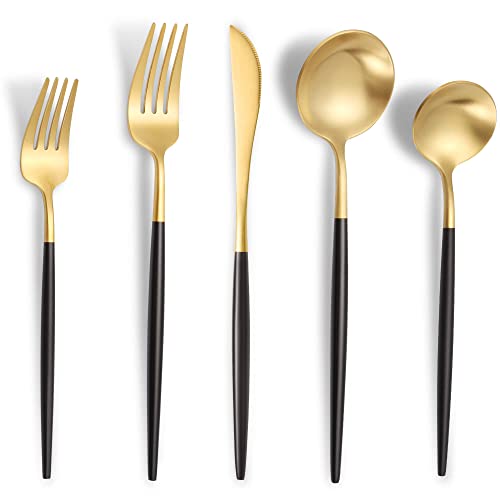 Lemeya Matte Black Gold Silverware Set for 6,Modern Stainless Steel Brushed Cutlery Set,30-Pieces Heavy Duty Flatware Set,Knives Spoons and Forks Set Utensils Set, Satin Finish, Dishwasher Safe