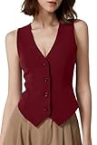 QINSEN Vest for Women Summer V Neck Sleeveless Slim Fit Suit Vest Waistcoat for Work Casual Burgundy S