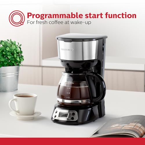 Image of Holstein Housewares 5-Cup Programable Coffee Maker, Convenient and User Friendly, Black and Stainless Steel with Auto Pause and Serve Function, Glass Carafe