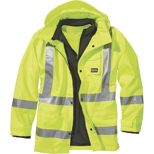 HV Men's Class 3 High Visibility 300 Denier Ripstop Waterproof Rain Jacket -Lime, XL