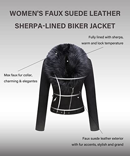 Bellivera Women Faux Leather Suede Jacket Moto Biker Coat Sherpa-Lined Overcoat with Removable Belt3