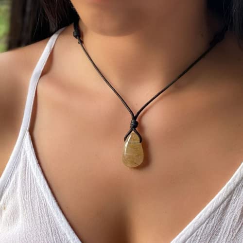 Luck Strings Handmade Chakra Gemstone Crystal Pendant Necklace, Unisex Design For Men & Women, Large Rock Energy Amulet Jewelry Collar For Spiritual Wellness, Gemstone Gift, Yellow Rutilated Quartz #TOP1
