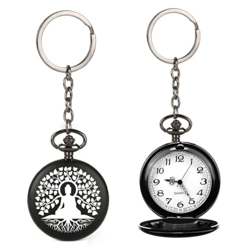 Image of Vintage Gandhi Style Pocket Watch with Engraved Designs & Messages Royal Black Analog for Men Women & Kids Includes Key Ring for car or Bike Keys Ideal Gift