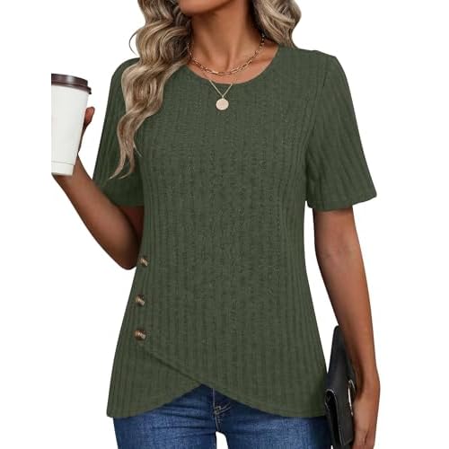 AKEWEI Womens Tops Short Sleeve Shirts Crew Neck Tunic with Buttons Spring Summer Outfits for Women Trendy 2026