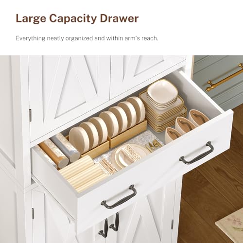 Image of TEENFON Tall Storage Cabinet with 2 Adjustable Shelves & 1 Large Drawer, Kitchen Pantry Cabinet with 4 Doors, Bathroom Storage Cabinets, for Living Room, Kitchen, Bathroom, White