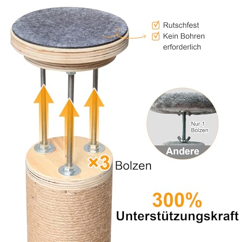 FUKUMARU Kratzbaum, 6 Etagen bis zur Decke reichender Katzenturm(220-300cm), wandmontierter Katzenbaum,aus Natürliches Gummibaumholz, mit Transparente Raumkapsel und gemütlicher Hängematte, grau – Bild 6