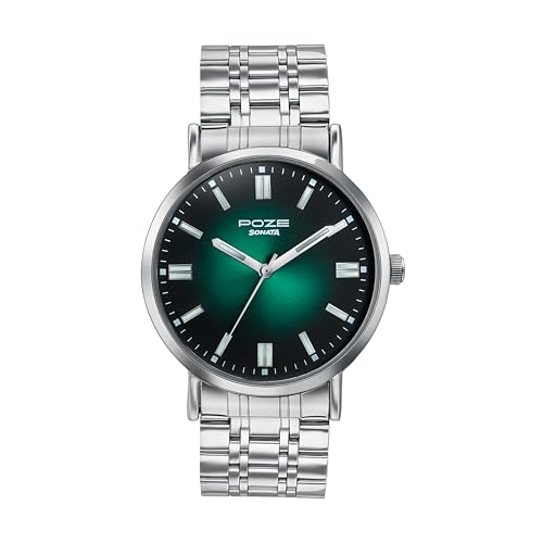 Image of Sonata Poze 6 Chrome Calling Quartz Green Round Dial Men's Watch | Stainless Steel Strap Material | Watches for Men Analog - SP70083SM01
