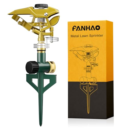 FANHAO Heavy Duty Pulsating Impact Sprinkler on Spike Base, 100% Metal Impact Sprinkler with 360° Adjustable Spray Pattern for Large Area Lawn & Yard Irrigation, Covers Up to 5800 sq. Ft
