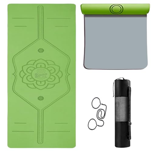Image of B Fit 8 MM Thick Wide 31x72 Inch Original TPE Yoga Mat - Free Yoga Bag and Strap Included - With Alignment System, Non-slip, Eco-friendly, sweat-resistant (Green-Grey)