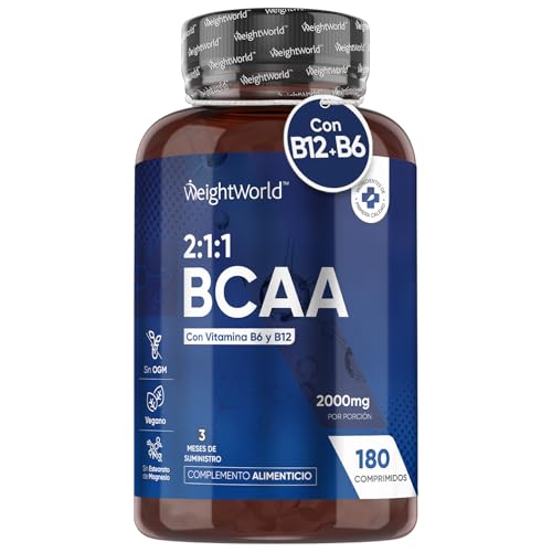 BCAA 2:1:1 Aminoácidos Esenciales 2000mg - 180 Comprimidos - Con Vitamina B12, B6 y Aminoácidos Ramificados L- Leucina, L- Isoleucina y L-Valina - Aptos para Veganos, Sin Gluten, Keto y para 3 Meses