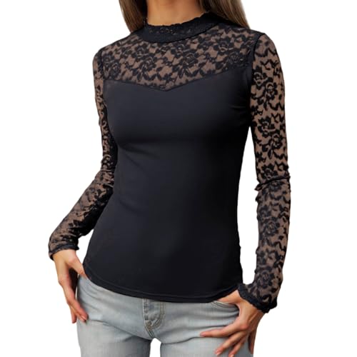 Maglia a maniche lunghe da donna con eleganti maniche in pizzo - Top aderente con scollo a barca per un look femminile | Maglietta elegante per tutti i giorni e la sera, M