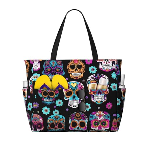 Sugar Skull Large Beach Tote Bag Women Beach Tote Bag For Pool Gym Grocery Travel With Multiple Pocket