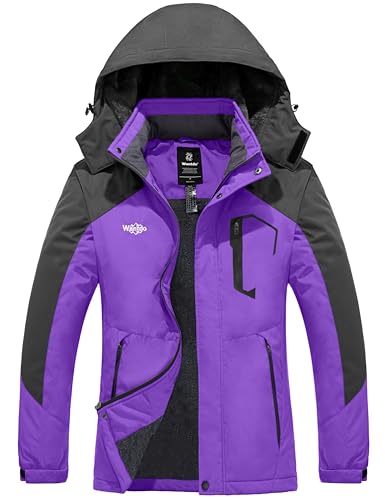 Wantdo Giacca da Sci Caldo Imbottita Invernale Parka da Neve Cappotto da Snowboard con Cappuccio Giubbotto da Viaggio a Vento Outdoor Donna Viola e Grigio Scuro XL