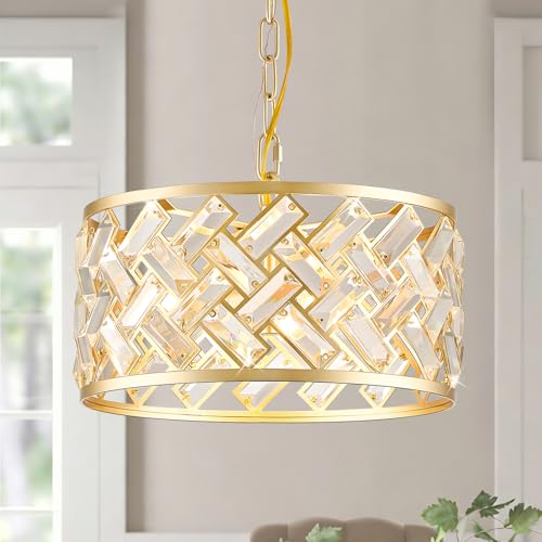 Kvhiiw Gold Crystal Chandelier, 3-Light Morden Dining Room Light Fixture,12.4"