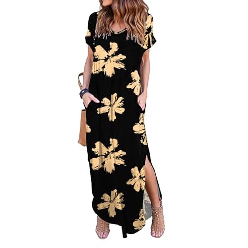 HUSKARY Women's Summer Maxi Dress Casual Loose Pockets Long Dress Short Sleeve Split Maxi Dresses XX-Large Beige Floral