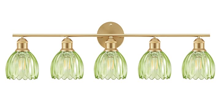 Image of Bathroom Light Fixtures, 5-Light Brushed Gold Vanity Lights for Bathroom with Green Tulip Glass Shade, 30 inch Vintage Bathroom Vanity Lighting Fixtures Over Mirror for Bedroom Living Room Hallway