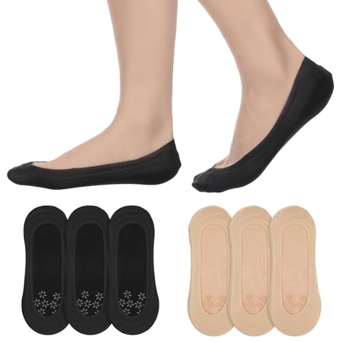 6 pares de calcetines invisibles para mujer, ultra delgados, antideslizantes, corte bajo, línea casual, zapatos deportivos (negro, color piel)