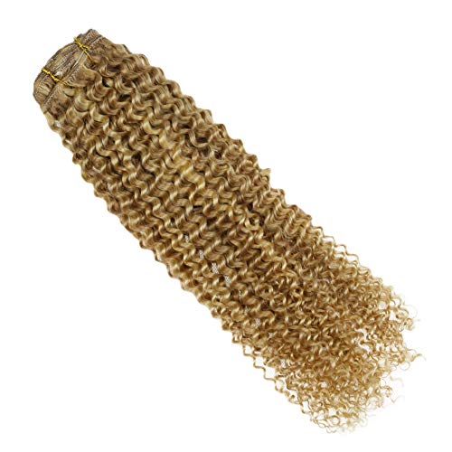 Remy Hair Extensions Clip in Human Hair 20 Inch #12 Blonde Highlighted with #613 Blonde Hair Extensions Real Human Hair Double Weft Curly Hair Extensions Full Head 100g/pack 7 Pieces …