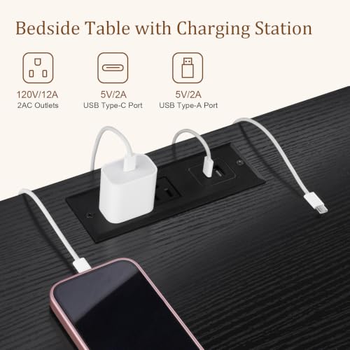 Image of LYNCOHOME 17.7 inch Tall Nightstand with Charging Station,Set of 2, Black