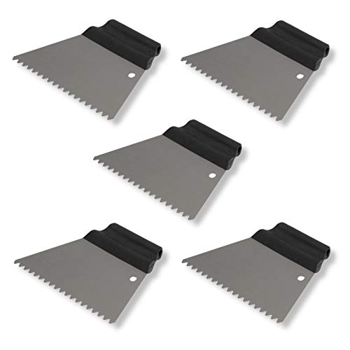 DEWEPRO Set 5 Spatole Colla 180 mm – Dentatura Trapezoidale 3 x 3 mm – Lama Acciaio 0,5 mm Robusta – Manico Ergonomico in Plastica – Spatola Professionale per Piastrelle, Cartongesso e Pavimenti