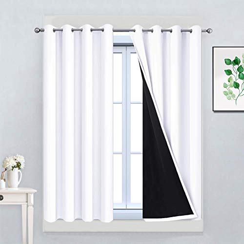 Image of Yakamok Pure White 100% Blackout Curtains 45 Inches Long 52 inch Wide 2 Panel | Blackout Curtain Panels for Bedroom, 2 Thick Layers Grommet Top Thermal Insulated Drapes with Black Liner for Living Room