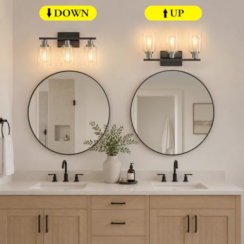 Image of Ascher Bathroom Vanity Light Fixtures, 3 Light Wall Sconces Lighting with Clear Glass Shade, Black and Brushed Nickel Wall Lights for Mirror, Kitchen, Living Room, E26 Base (Bulbs Not Included)