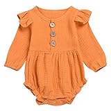 WFRAU Baby Strampler Mädchen Pure Farbe Lange Hülsen Taste Rüsche Rundhals Schlafanzug Overalls Säugling Spielanzug Baby-Nachtwäsche Hosen Tops Hut Cute Jumpsuit Outfit Bodysuit Schläfer