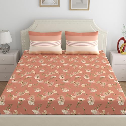 Image of Dreamscape 100% Cotton Fitted Queen Bedsheets with 2 Pillow Covers Cotton (Size 60 x 78 inches, 140TC, Colour Brown)