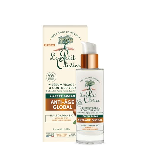 LE PETIT OLIVIER - Sérum Visage & Contour des Yeux Anti-Âge - Huile d'Argan, Vitamine C & Acide Hyaluronique- Lisse & Unifie- Tous Types De Peaux - 99% D'Origine Naturelle - Fabriqué en France - 30 ml