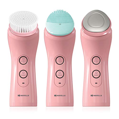 Image of Havells SC5070 Facial Cleansing Brush with 3 Heads for Exfoliation, Cleaning and Brightening Iontophoresis, Smart Alert to Assist Usage, Rechargeable (Pink)