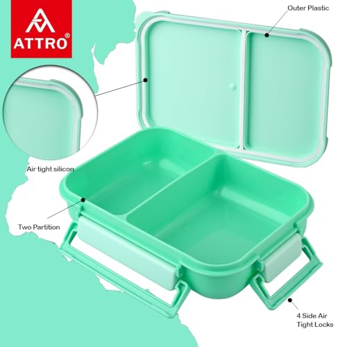 Image of ATTRO Gourmet 2 Compartment Lunch Box Portable Meal Organizer for Office, School BPA-Free, Food Grade, Freezersafe, Microwave & Oven Safe 1200ml Mint Green, Plastic