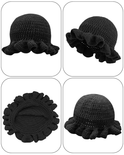 Image of Women Crochet Bucket Hat Cute Winter Ruffled Brim Floppy Cap Handmade Knit Cloche Hats