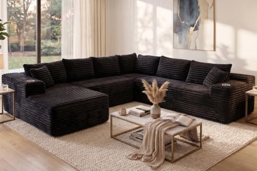 Image of 122 inch Oversized Cloud Sectional Couch for Living Room, 7 Seater U Shaped Sofa Modular Boneless Couch with Chaise | Deep Seater | Cup Holder | Side Pocket | No Assembly | Plus Corduroy, Black