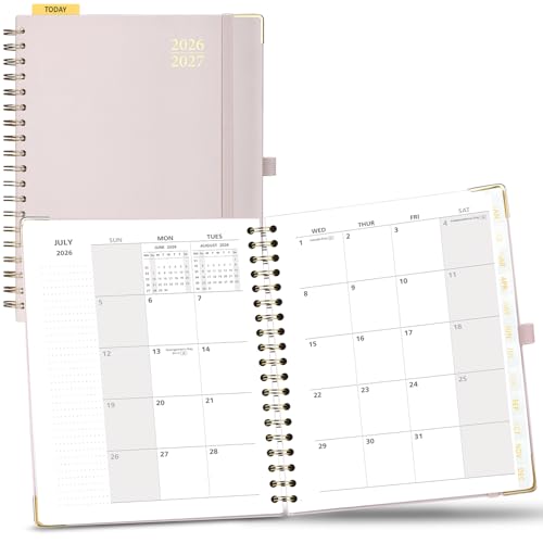 POPRUN Monthly Planner 2026-2027 Spiral Hardcover (8'' x 10''), 18 Months Calendar (Jan.2026-Jun.2027) - 2 Pages per Month with Dotted Note Pages, Sunday Start, Laminated Tab - Light Pink