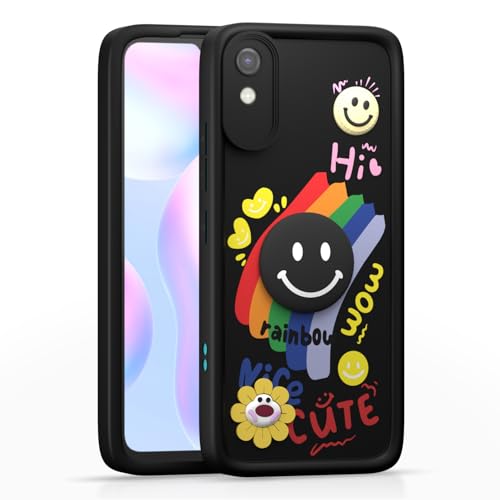 Image of Pikkme Back Cover for Redmi 9A / 9i / 9A Sport | Soft Silicone| Cute Rainbow Smile & 3D Cartoon Flower Design | Shockproof Raised Camera Protection Bumper Case (Black)