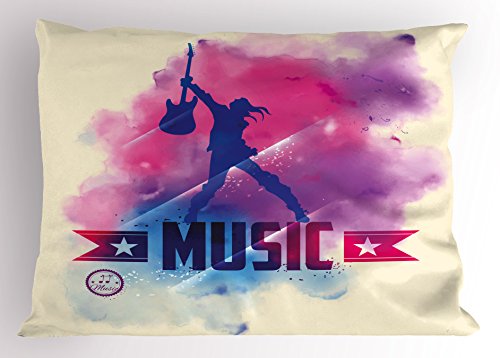 Ambesonne Modern Pillow Sham, Rock Star with Guitar Inside Watercolor Cloud with Musical Words Print, Decorative Standard Size Printed Pillowcase, 30