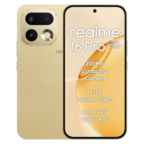 Image of realme 16 Pro 5G Smartphone 8+256GB, 144Hz AMOLED Display, 7000mAh Battery, 80W SuperVOOC, 200MP Primary Camera 50MP Front Camera, MediaTek 7300-Max Processor, IP69, Master Gold