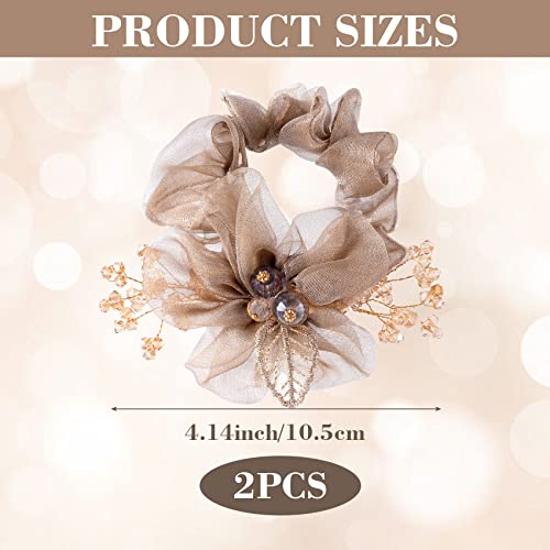 Nuorest 2Pcs Mesh Flower Elastic Hair Ties, Leaf Embroidery Acrylic Rhinestone Hair Band, Champagne Ponytail Holders, Elegant Hair Scrunchies, Hair Accessories For Women, Girls For Parties, Daily Use #TOP1