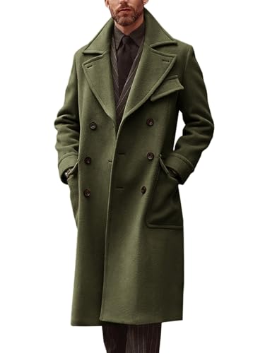 Image of Runcati Mens Trench Coat Notch Lapel Double Breasted Peacoat Wool Blend Casual Long Overcoat