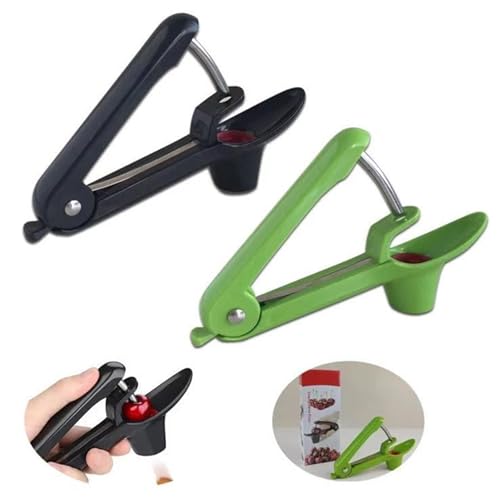 Lot de 2 dénoyauteurs de cerises en acier inoxydable - Dénoyauteur de cerises - Portable - Pour fruits, prunes, cerises (vert, noir)