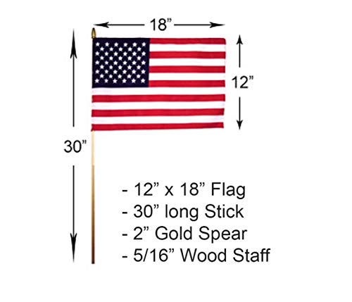 GIFTEXPRESS 12-Pack 12x18" American Stick Flags – Made in USA, Handheld with 30" Wooden Pole & Gold Spear Tip, Patriotic Grave Marker Flags for Memorial Day, 4th of July, Veterans Day, Parade Use