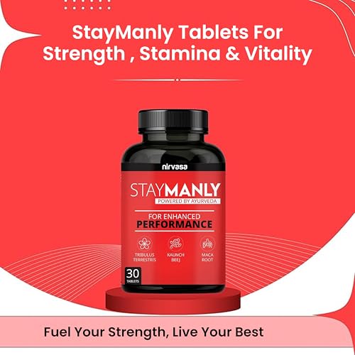 Image of Nirvasa StayManly Tablets (30 Tabs) | Ayurvedic Strength, Stamina & Performance Booster | Boosts Energy, Endurance & Vitality | Tribulus Terrestris, Ashwagandha, Safed Musli & Shilajit- Pack of 1