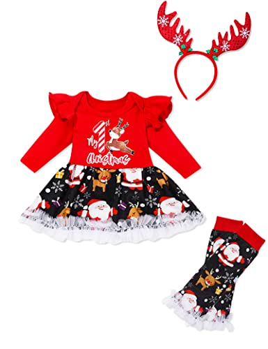KANGKANG My First Christmas Baby Girl Clothe Christmas Baby Girl Outfit Dress Long Sleeve Printed Dress with Leg Warmers 3PCS Set Baby Girl 1st Christmas Outfit Christmas Baby Girl Outfit 6-9 Months