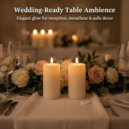 Image of ANGELLOONG Flameless Pillar Candles with Timer, 2 Pack 3 x 6 Inch Waterproof Battery Operated Flickering LED Candle for Outdoor Wedding Table Decor