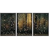 SIGNWIN Framed Wall Art Print Set Enchanted Forest with Fireflies Magical Night Woodland Photography Modern Art Closeup Relax/Calm Dark for Living Room, Bedroom, Office - 24'x36'x3 Black