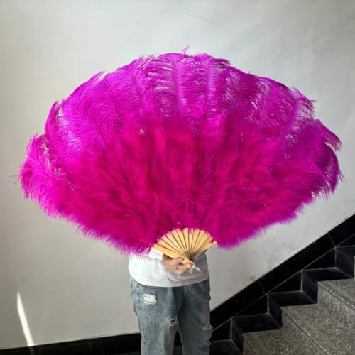Abanicos de plumas de avestruz rojas y esponjosas, 130 cm x 90 cm, para presentaciones en escenarios, carnaval, bailes, accesorios, manualidades, plumas, rojo rosa, 90 cm, 1 unidad, abanico derecho.
