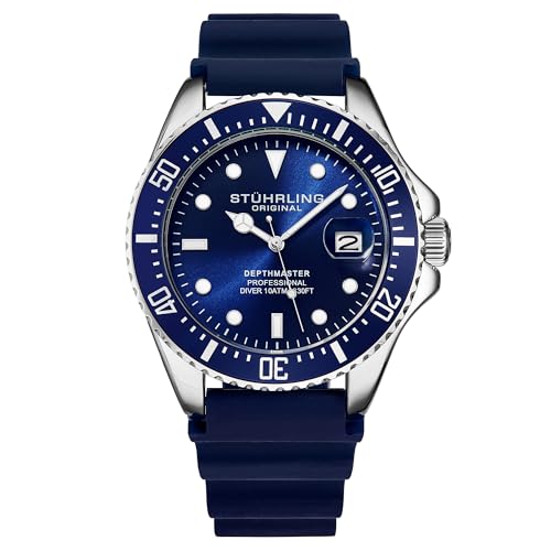 Stuhrling   Reloj de buceo para hombre, con caja plateada de 42 mm con corona atornillada, correa de goma, resistente al agua hasta 100 m, azul, Reloj deportivo