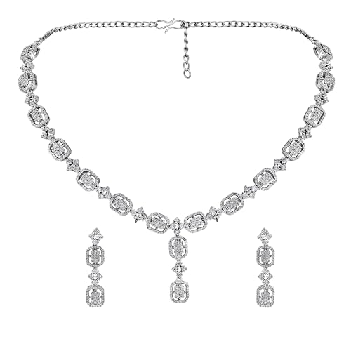 Image of Asmitta Jewellery Rhodium Plated Silver Toned Contemporary Choker Jewellery Set For Women Girls | Combo Of White And Baby Pink Cubic Zirconia & American Diamond Studded Necklace And Earring |Jewelry Suitable For Wedding Party (Contemporary)