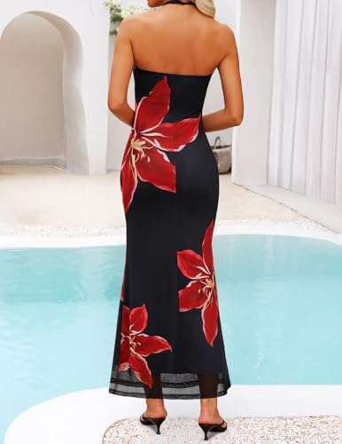 ZESICA Women's 2025 Summer Halter Neck Floral Print Maxi Dress Sleeveless Backless Wedding Guest Party Bodycon Long Dresses3