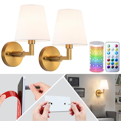 Image of Wall Sconces Battery Operated Set of Two,Wireless Rechargeable Wall Sconce 7 Color RGB USB Up to 50 Hours Use Time,Not Hardwired Battery Operated Wall Lights for Bedroom Living Room, Brass